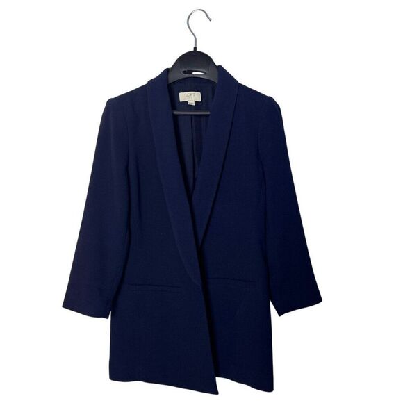 Loft Outlet Womens Petite Navy Blazer Jacket 3/4 Sleeve Open Front Polyester - Picture 1 of 4